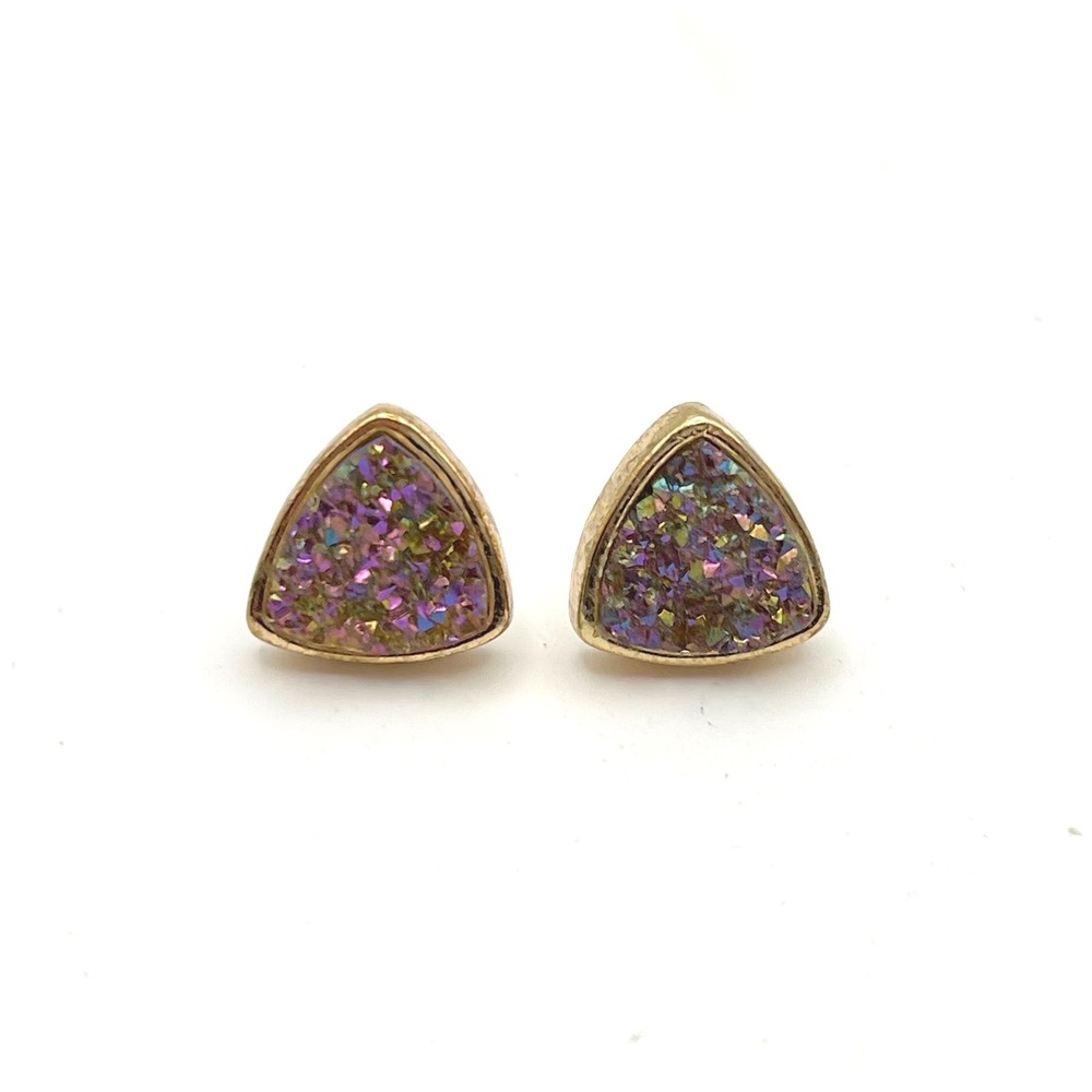 Triangle Purple Iridescent Faux Druzy Gold Tone Stud Earrings Geometric